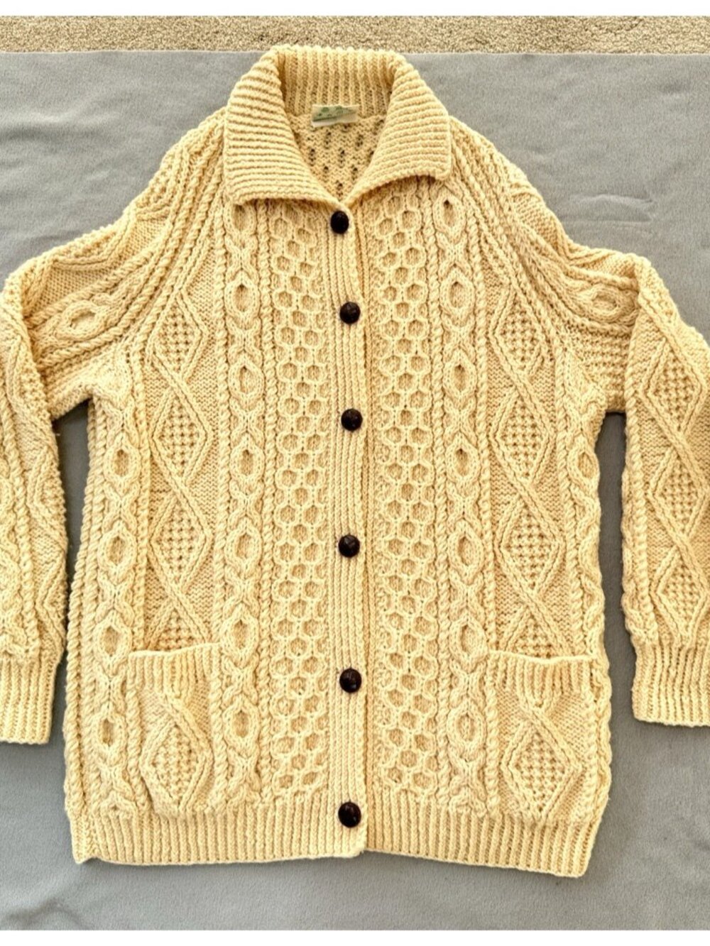 Vintage Irish Wool Sweater Hand Knit Cardigan Collar Ivory Chunky Fisherman READ